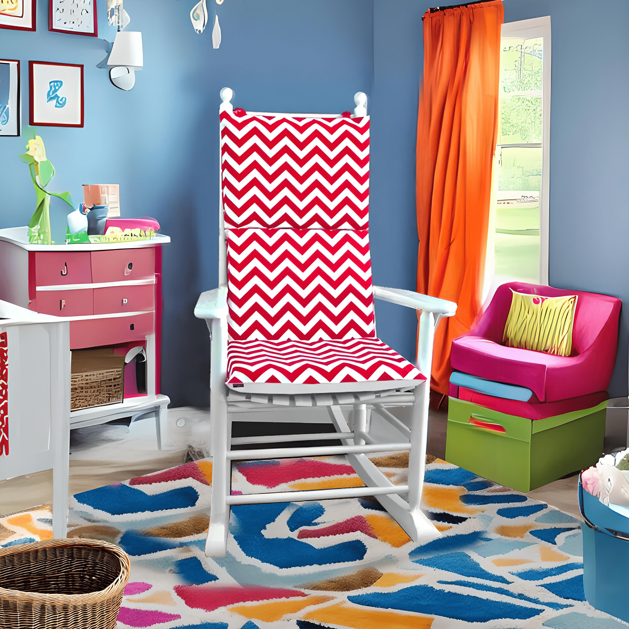 Rockin Cushions Rocking Chair Cushion Red and White Zig Zag Rocking Chair Cover, Red Chevron Adjustable Reversible Rocking Chair Cushion